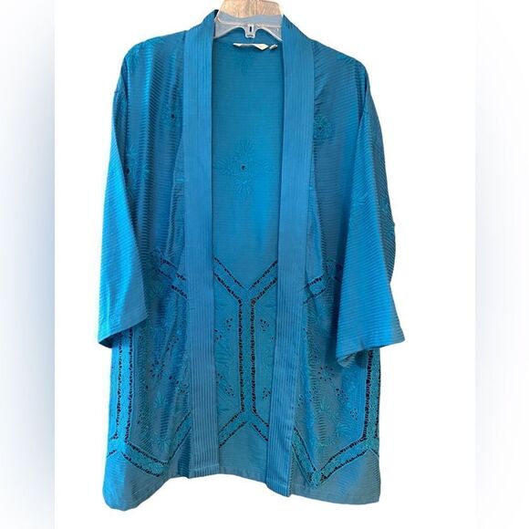 Soft Surroundings S Turquoise Blue Flowy Boho Embroidered Kimono Duster Jacket - Picture 1 of 6